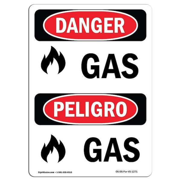 Safety Sign, OSHA Danger, 5" Height, Gas, Bilingual Spanish, 10PK